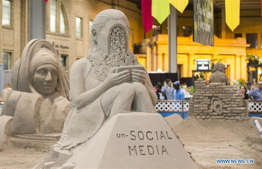 Photo taken on Aug. 30, 2018 shows sand sculptures in the International Sand Sculpting Competition at the 2018 Canadian National Exhibition in Toronto, Canada, Aug. 30, 2018. From Aug. 17 to Sept. 3, sand sculpting artists from the Netherlands, Russia, the United States and Canada challenged to create \