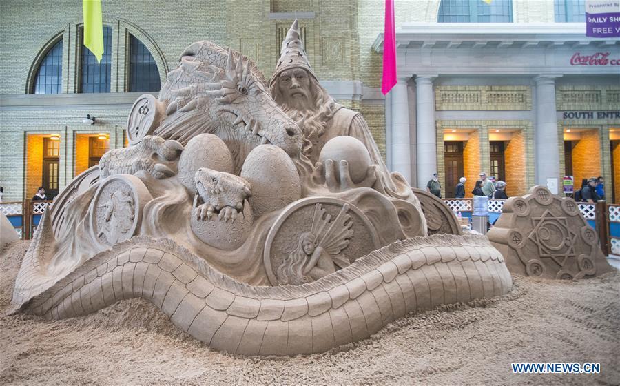 Photo taken on Aug. 30, 2018 shows a sand sculpture in the International Sand Sculpting Competition at the 2018 Canadian National Exhibition in Toronto, Canada, Aug. 30, 2018. From Aug. 17 to Sept. 3, sand sculpting artists from the Netherlands, Russia, the United States and Canada challenged to create \