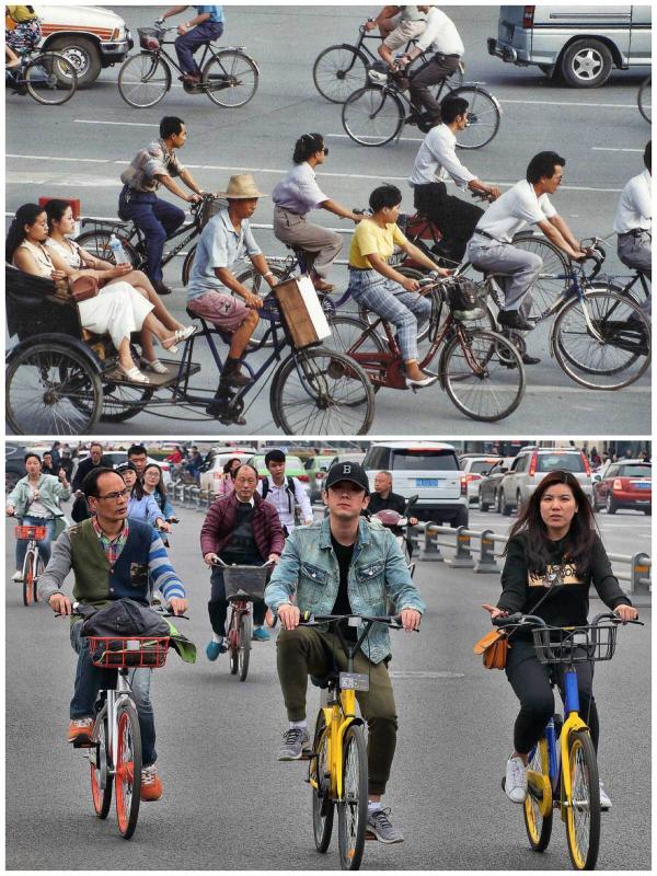 Cycling at Tianfu Square 1994 and 2017 (Photo by Bruce Connolly/chinadaily.com.cn)

Next morning a beautiful day dawned and after breakfast I walked down Renmin Road before coming upon a side alley, Wenshuyuan Street. It was lined with brightly filled stalls trading incense sticks, small statues, “funny money” and much more. With curiosity I followed the lane, partly crowded with pedicabs before finding the entrance to the most famed Buddhist temple complex in Chengdu, the Wenshu Yuan. Dating from the Tang Dynasty, it remains the city’s largest and best preserved. Originally called the Xinxiang Temple, it was renamed after a Buddhist monk who resided there during the late 17th century. Only a few days after leaving my native Scotland, there I was strolling around with ever increasing fascination. So many candles and incense sticks flickered or burned resulting in strong aromas. Crowds of visitors holding bundles of such sticks placed them upright into large circular cauldrons embossed with coiling dragons. Dark corridors led between halls lit only by candles or oil lamps revealing large statues and exquisite relief carvings. In the subdued light monks quietly chanted. Spending considerable time immersed within this atmospheric scene I eventually came upon a teahouse within the temple grounds. One of the largest and most bustling in Chengdu it was a place again to pull up a chair, have tea which then cost one yuan per pot and simply people watch while the enticing aromas from an adjacent vegetarian restaurant drifted past.

In 2017, I stayed several nights at the now beautifully refurbished Tibet Hotel - its calm, luxurious feeling and decor almost inducing me to return to Lhasa. Resisting that temptation I strolled down Renmin Lu to revisit Wenshu Yuan Temple. The many stalls that once lined the alley had been relocated into a neighboring tourist street. The temple however retained its charms and feelings from 23 years previously. Visiting it twice I wandered slowly, capturing monochrome images of the gardens, halls and visitors including some Buddhist monks who were returning live fish to the waters. The teahouse was just as enchanting as ever, although it had been refurbished; now including a delightful coffee shop. In the gardens I met a group of local students dressed up in periodic costumes who invited me to sit with them and share their snacks. A delightful experience as was the vegetarian restaurant where I spent an afternoon enjoying spicy fresh vegetable hotpot. I again felt enticed to stay longer in Chengdu, if only I could.