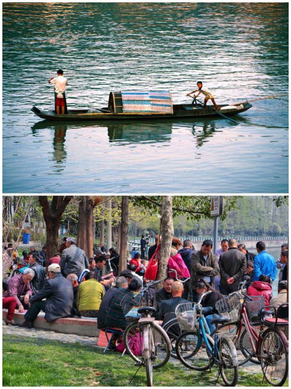 Fishing on Jinjiang River 1993. Local people socialising beside the river 2017 (Photo by Bruce Connolly/chinadaily.com.cn)

It was midsummer, Chengdu was at its hottest, but I insisted on walking alongside the river where I spent an afternoon relaxing, watching wooden fishing boats drift past, experiencing spicy Sichuan cuisine while amazingly reconnecting with travelers first encountered on the train from Beijing. After a day doing little, a motorcycle cab carried me back to the hotel, there being no metro in 1994.

I was discovering the relaxed atmosphere that Chengdu remains renowned for and starting to feel I wanted to stay as long as possible. Indeed on one occasion passing a restaurant with loud music emerging, I was suddenly “dragged” into a wedding party!