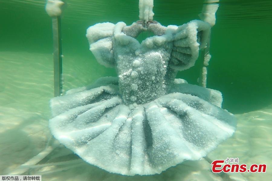 One of Israeli artist Sigalit Landau\'s pieces, a shoe covered in salt crystal formations, is released from its anchorage in the hyper-saline waters of the Dead Sea, Israel, Aug. 30, 2018, in this still image taken from a video. (Photo/Agencies)