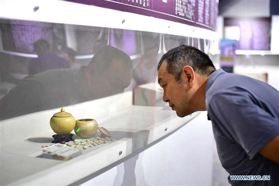 A man looks at pots filling with Go pieces at Go (Weiqi) museum in Luoyang, central China\'s Henan Province, Sept. 5, 2018. The private museum displays about 25,000 exhibits relating to Go game in China. (Xinhua/Feng Dapeng)