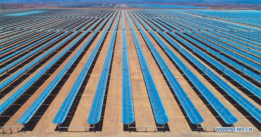 Photo provided by Shandong Electric Power Construction Co., Ltd (SEPCO III) shows part of Morocco\'s NOOR II Concentrated Solar Power (CSP) project in Ouarzazate, Morocco, on June 7, 2018. (Xinhua)