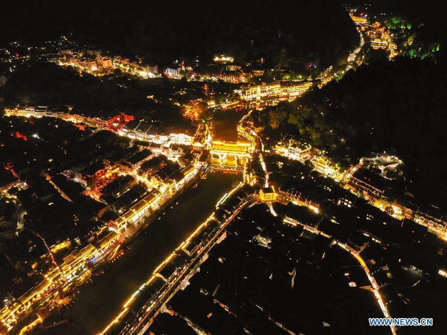 Aerial photo taken on Sept. 7, 2018 shows the night view of Fenghuang old town in Fenghuang County, central China\'s Hunan Province. Fenghuang, which means \