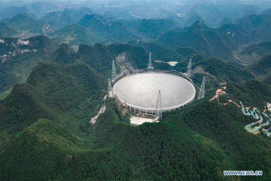 Photo taken on Sept. 10, 2018 shows China\'s Five-hundred-meter Aperture Spherical Radio Telescope (FAST) in southwest China\'s Guizhou Province. FAST has discovered 44 new pulsars so far. (Xinhua/Ou Dongqu)