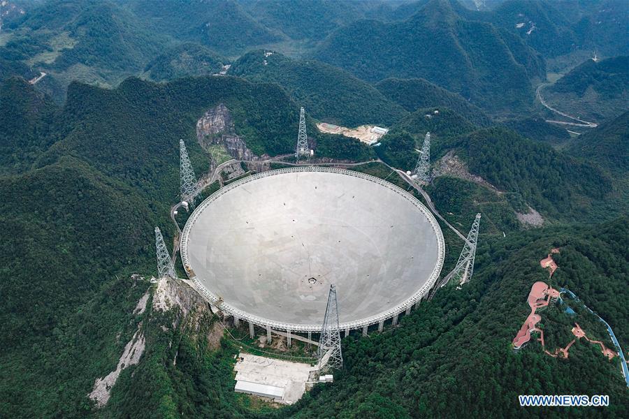 Photo taken on Sept. 11, 2018 shows China\'s Five-hundred-meter Aperture Spherical Radio Telescope (FAST) in southwest China\'s Guizhou Province. FAST has discovered 44 new pulsars so far. (Xinhua/Liu Xu)