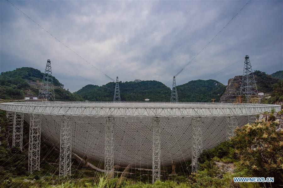 Photo taken on Sept. 10, 2018 shows China\'s Five-hundred-meter Aperture Spherical Radio Telescope (FAST) in southwest China\'s Guizhou Province. FAST has discovered 44 new pulsars so far. (Xinhua/Liu Xu)