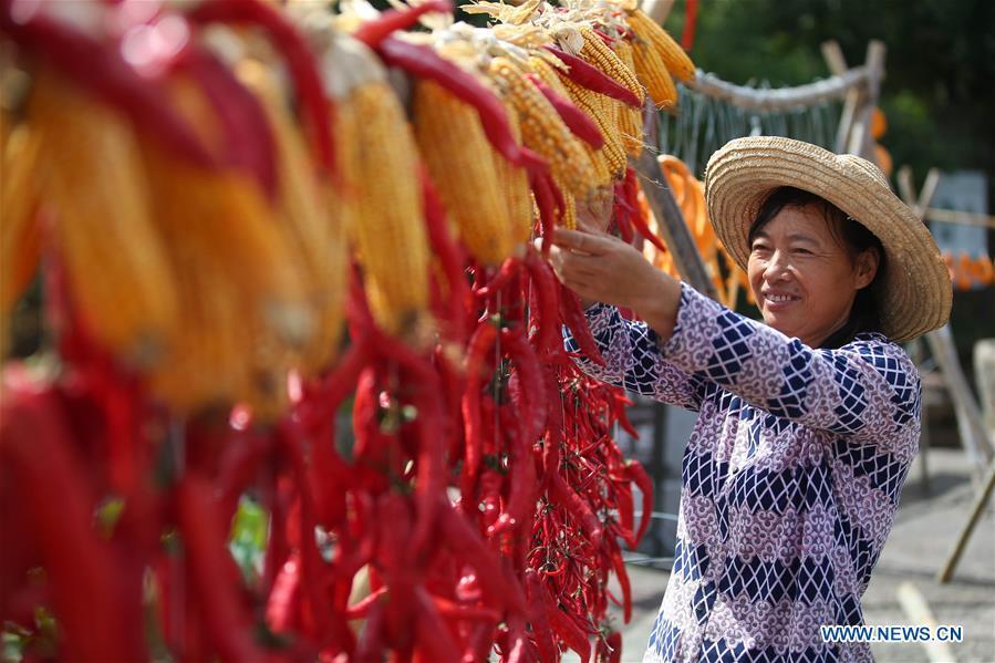 A villager airs chillies and corns at Chengkan Ancient Village in the city of Huangshan, east China\'s Anhui Province, on Sept. 12, 2018. (Xinhua/Shi Yalei)