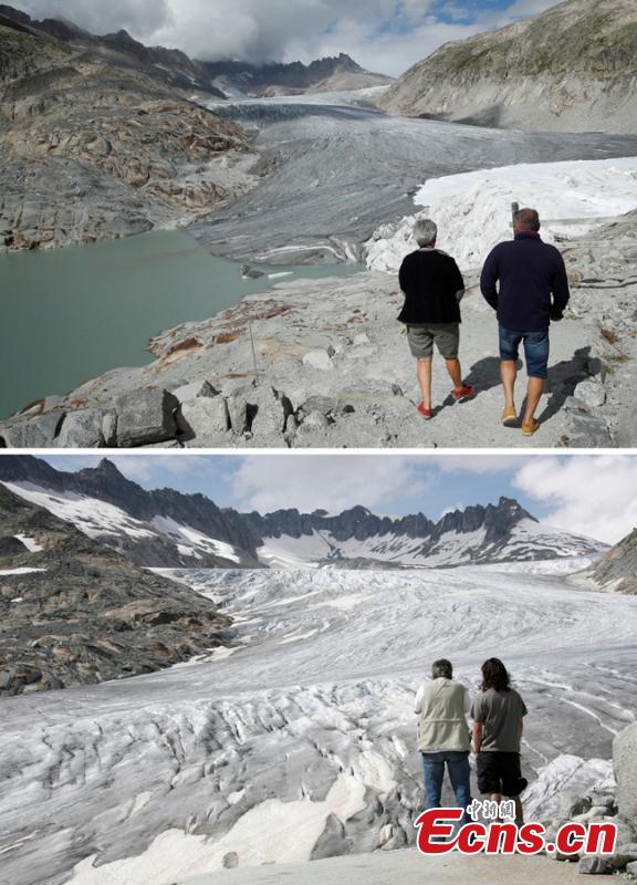 A combination of two pictures shows the difference in the amount of ice on the  Rhone glacier at the Furkapass, Switzerland September 13, 2018 (top) and July 5, 2008 (below). Glaciers and their streams were once abundant, but are vanishing as a result of climate change. Glaciologists predict that half of the small glaciers in Switzerland will disappear within the next 25 years. (Photo/Agencies)