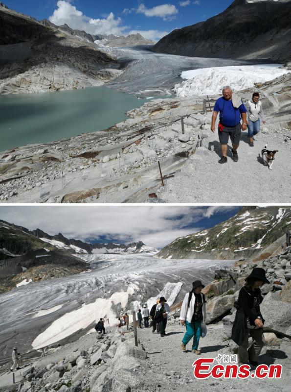 A combination of two pictures shows the difference in the amount of ice on the  Rhone glacier at the Furkapass, Switzerland September 13, 2018 (top) and July 5, 2008 (below).Glaciers and their streams were once abundant, but are vanishing as a result of climate change. Glaciologists predict that half of the small glaciers in Switzerland will disappear within the next 25 years.   (Photo/Agencies)