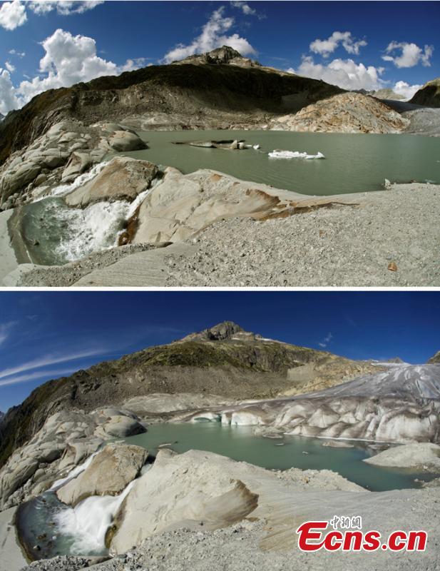 A combination of two pictures shows the difference in the amount of ice on the  Rhone glacier at the Furkapass, Switzerland September 13, 2018 (top) and September 9, 2009 (below). Glaciers and their streams were once abundant, but are vanishing as a result of climate change. Glaciologists predict that half of the small glaciers in Switzerland will disappear within the next 25 years. (Photo/Agencies)