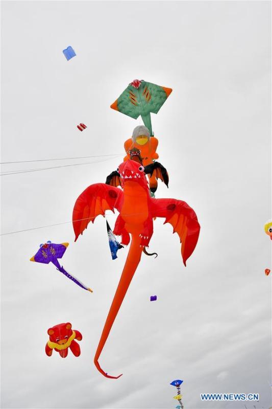 Kites fly over Dieppe, France, on Sept. 14, 2018. The 20th Dieppe International Kite Festival is held here from Sept. 8 to Sept. 16, attracting over 1,000 kite enthusiasts from 34 countries and regions. (Xinhua/Chen Yichen)