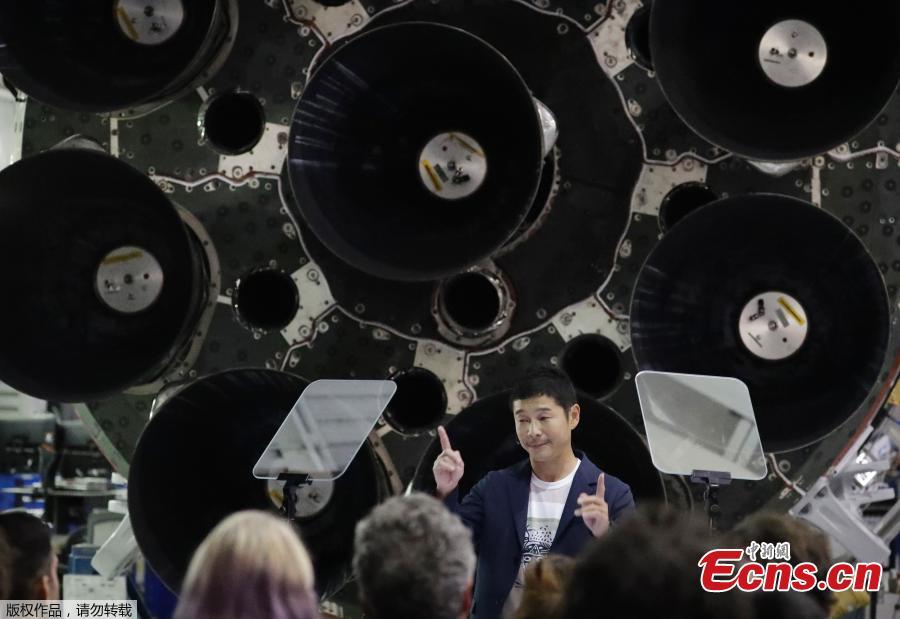 Japanese billionaire Yusaku Maezawa speaks after SpaceX founder and chief executive Elon Musk announced him as the first scheduled private passenger on a trip around the moon, Sept. 17, 2018, in Hawthorne, Calif. SpaceX named its first private passenger as Japanese businessman Yusaku Maezawa, the founder and chief executive of online fashion retailer Zozo. (Photo/Agencies)