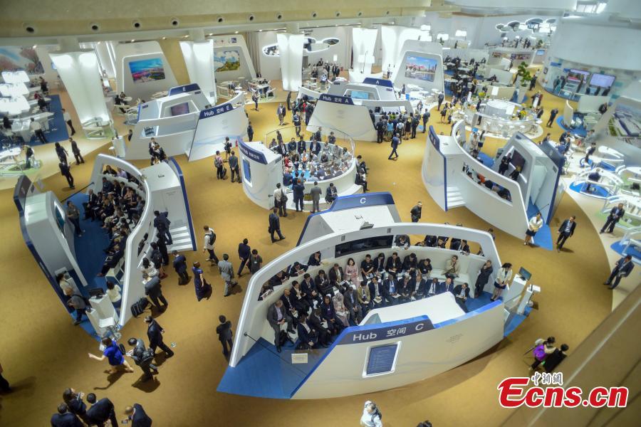 A view of Summer Davos at Meijiang Convention and Exhibition Center in Tianjin, Sept. 17, 2018. The Annual Meeting of the New Champions of the World Economic Forum (WEF), also known as Summer Davos, kicked off on Tuesday in Tianjin. This year\'s forum will feature a theme of \