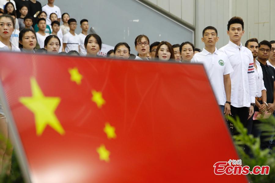 Chinese swimmer Sun Yang attend the opening ceremony of autumn semester at Shanghai University of Sport in Shanghai, Sept. 19, 2018. Triple Olympic champion Sun Yang is now back to school to take a PhD program, with a major in kinesiology. (Photo: China News Service/Yin Liqin)