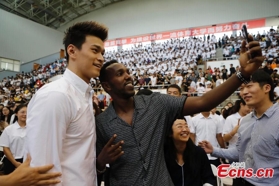 Chinese swimmer Sun Yang attend the opening ceremony of autumn semester at Shanghai University of Sport in Shanghai, Sept. 19, 2018. Triple Olympic champion Sun Yang is now back to school to take a PhD program, with a major in kinesiology. (Photo: China News Service/Yin Liqin)