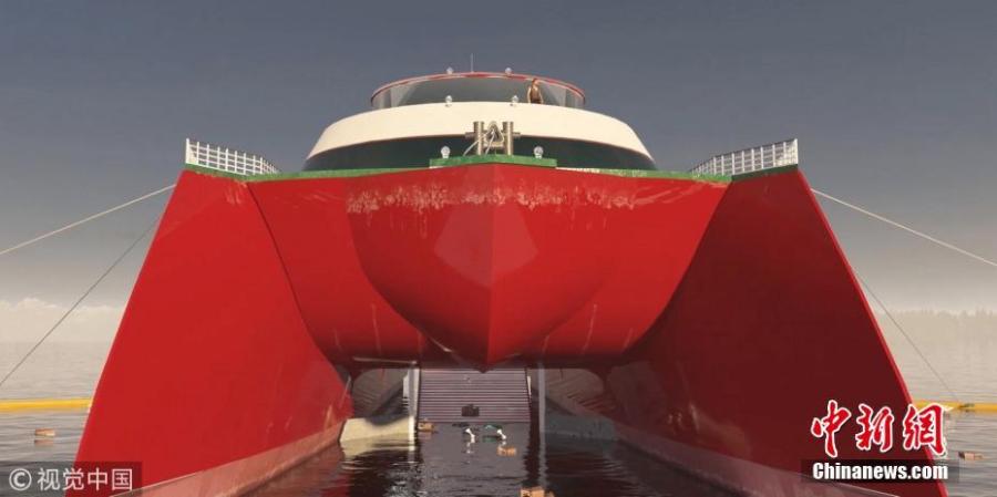 Designs for a $52 million new eco-yacht that will collect plastic from the ocean and recycle it as it sails have been unveiled at Southampton Boat Show. The Ocean Saviour (artist\'s impression) features two plastic-capturing arms that funnel waste into a conveyor belt through an opening in the boat\'s hull. It can scoop up a staggering five tons of plastic pollution each day and will become the first vessel ever to power itself by recycling ocean waste into fuel. (Photo/VCG)