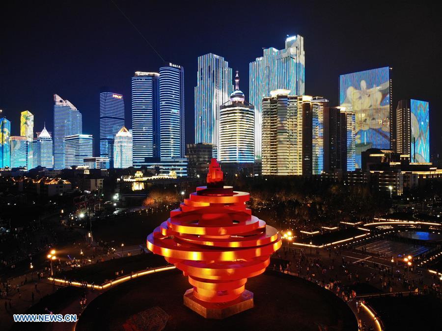Aerial photo taken on Sept. 22, 2018 shows a night view of the Fushan Bay in Qingdao, a coastal city in east China\'s Shandong Province. (Xinhua/Li Ziheng)