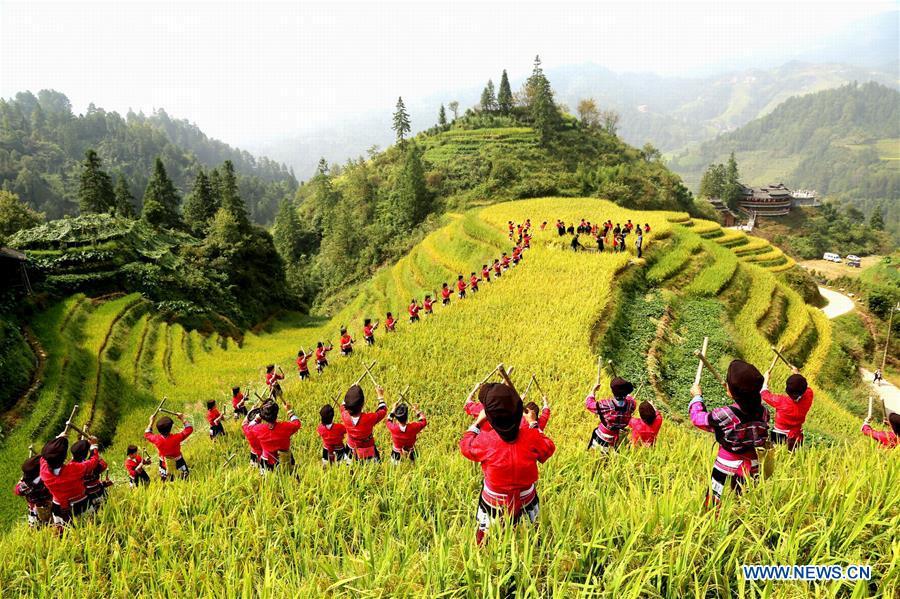Villagers of the Yao ethnic group attend a ceremony marking the start of harvest in Xiaozhai Village of Longji County in Guilin, south China\'s Guangxi Zhuang Autonomous Region, Sept. 23, 2018. People across China hold various activities to celebrate the country\'s first Farmers\' Harvest Festival, which falls on Sept. 23 this year.(Xinhua/Wang Zichuang)