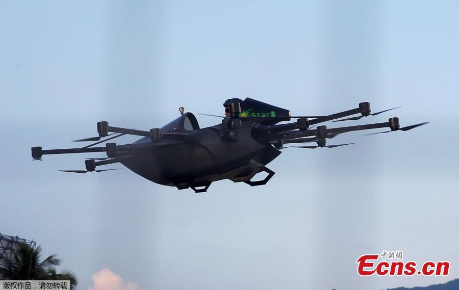 Filipino inventor Kyxz Mendiola tests his flying car during its launch in the province of Batangas, Philippines, September 23, 2018. Former dancer and camera operator Kyxz Mendiola flew and hovered for a few minutes in a single-passenger contraption powered by the “multicopter” technology commonly used in small unmanned drones. (Photo/Agencies)