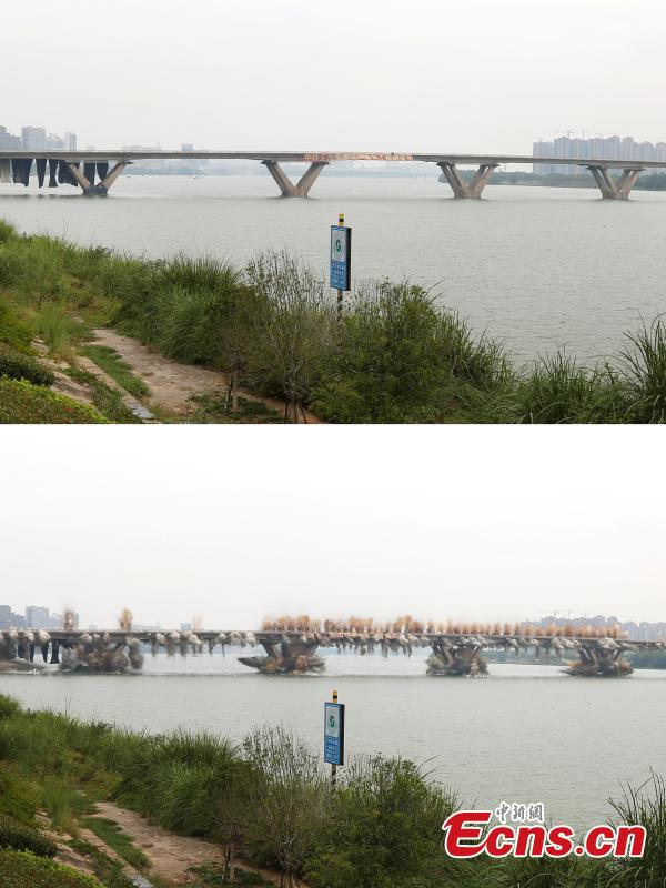 An old bridge before and after a controlled explosion in Ji’an City, East China’s Jiangxi Province, Sept. 28, 2018. The bridge, 1,577 meters long and 19.5 meters wide, fell into disrepair after heavy traffic amid rapid economic growth. (Photo: China News Service/Hong Yi)
