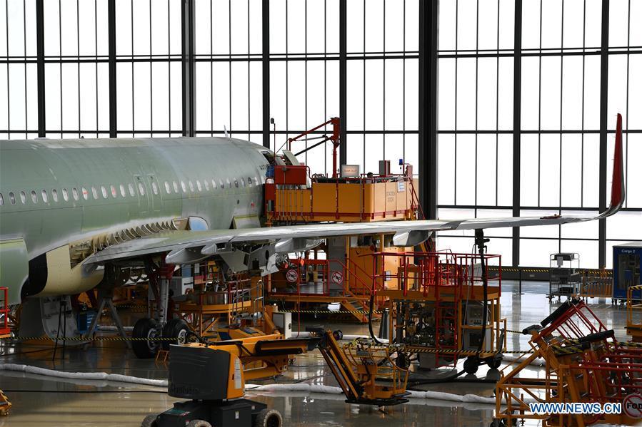 Photo taken on Sept. 27, 2018 shows a plane at Airbus\' Tianjin final assembly line for the A320-family of jets in north China\'s Tianjin. From the time it was established in 2008 until the end of this August, the Tianjin final assembly line assembled and delivered a total of 378 A320s. (Xinhua/Li Ran)