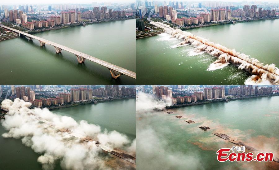 An old bridge is demolished in a controlled explosion in Ji’an City, East China’s Jiangxi Province, Sept. 28, 2018. The bridge, 1,577 meters long and 19.5 meters wide, fell into disrepair after heavy traffic amid rapid economic growth. (Photo: China News Service/Hong Yi)