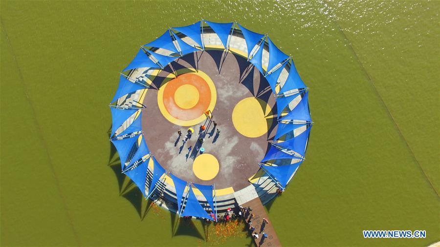 Tourists feed fish at a wetland scenic spot in Caofeidian of Tangshan, north China\'s Hebei Province, Oct. 2, 2018, the second day of the week-long National Day holiday. (Xinhua/Cao Daqing)