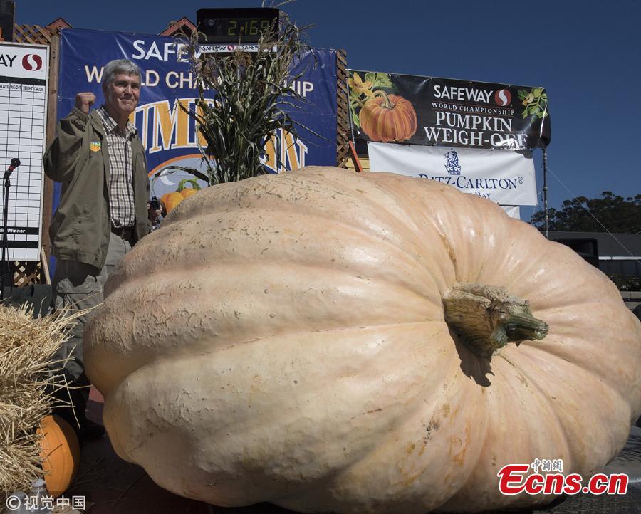 Steve Daletas of Pleasant Hill, Oregon waves to the crowd after winning the 45th Annual Safeway World Championship Pumpkin Weigh-Off in Half Moon Bay, California, Oct. 8, 2018. Daletas won the 45th Annual Safeway World Championship Pumpkin Weigh-Off with a pumpkin weighing 984 kilograms. (Photo/Agencies)