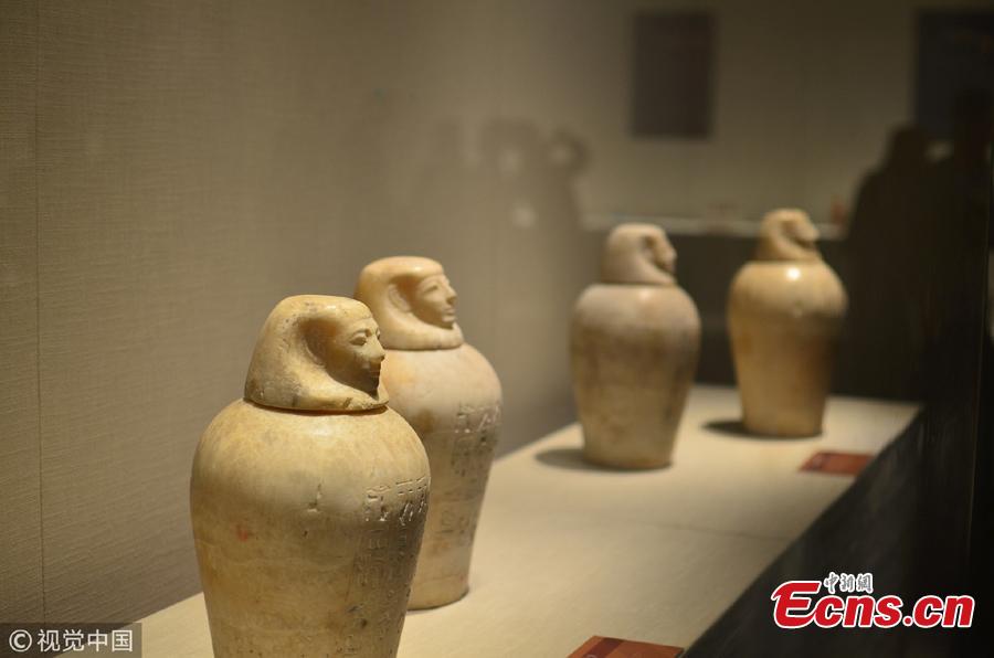 This photo taken on Oct. 7, 2018 shows cultural relics of Ancient Egypt displayed at a museum in Zhejiang.  (Photo: VCG/Yin Fujun)