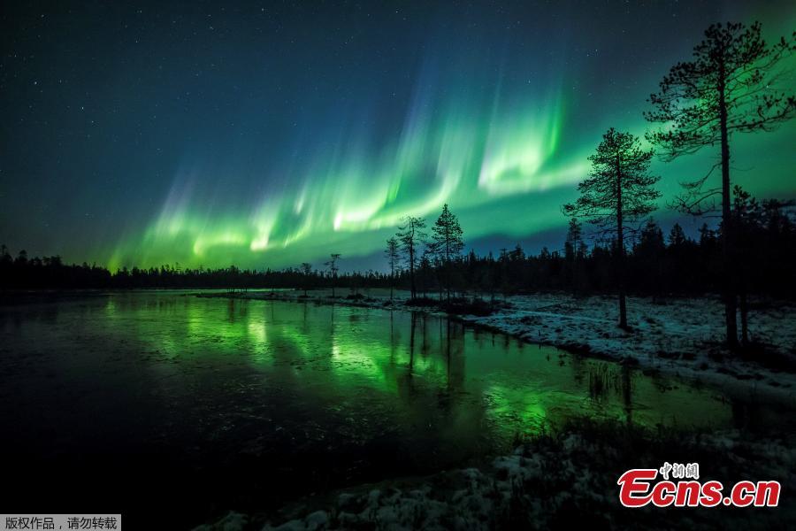 The Aurora Borealis (Northern Lights) is seen over the sky near Rovaniemi in Lapland, Finland, October 7, 2018. The Northern Lights moved in the sky with bright green arches reflected in frozen lake. (Photo/Agencies)