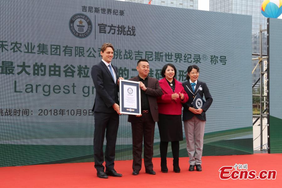 A QR code made by Donghe Agricultural Group using white and black rice has set a new Guinness World Record in Harbin, Northeast China’s Heilongjiang Province, Oct. 10, 2018. The image, 30 meters on each side, used five tons of black rice and five tons of white rice, making it the world\'s largest QR code made from grains. (Photo: China News Service/Yu Kun)