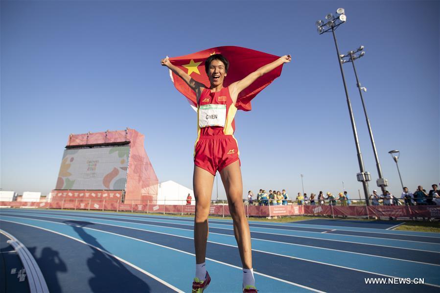 Chen Long of China celebrates after the men\'s high jump of athletics event at the 2018 Summer Youth Olympic Games in Buenos Aires, Argentina, on Oct. 14, 2018. Chen won the gold medal. (Xinhua/Li Ming)