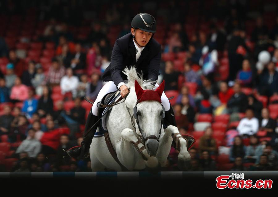 Zhou Ruihong of China competes in the 8th Longines Equestrian Beijing Masters at the National Stadium in Beijing, Oct. 14, 2018. One of the grandest international equestrian events in China, it was jointly organized by Chinese Equestrian Association and the National Stadium. A total of 251 pairs of horses and riders joined the competition from Oct. 12 to 14, with the total prize money of 2.33 million yuan. (Photo: China News Service/Liu Guanguan)