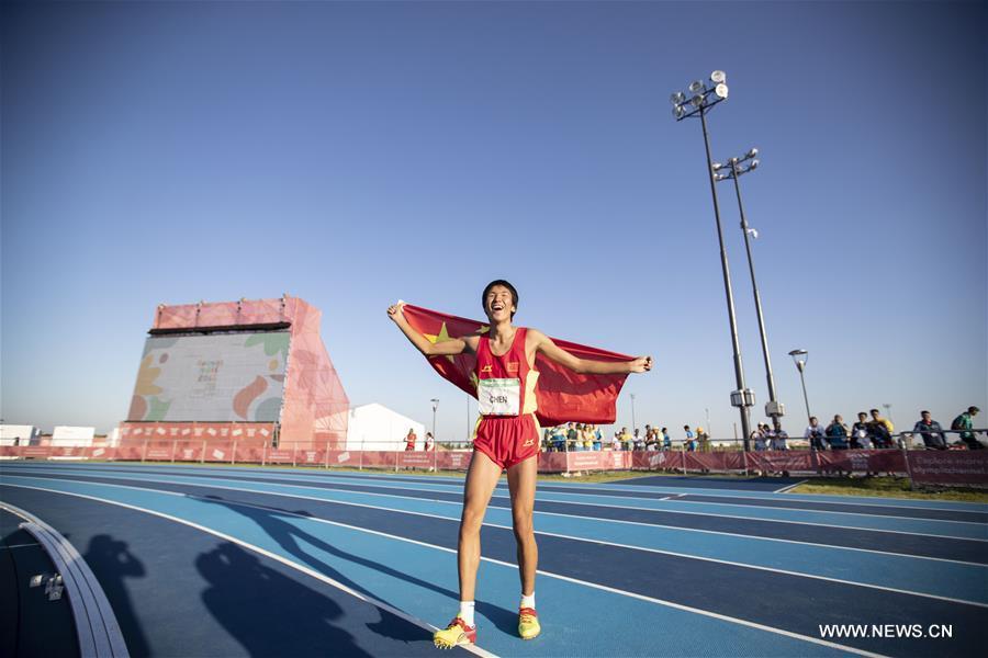 Chen Long of China celebrates after the men\'s high jump of athletics event at the 2018 Summer Youth Olympic Games in Buenos Aires, Argentina, on October 14, 2018. Chen won the gold medal. (Xinhua/Li Ming)