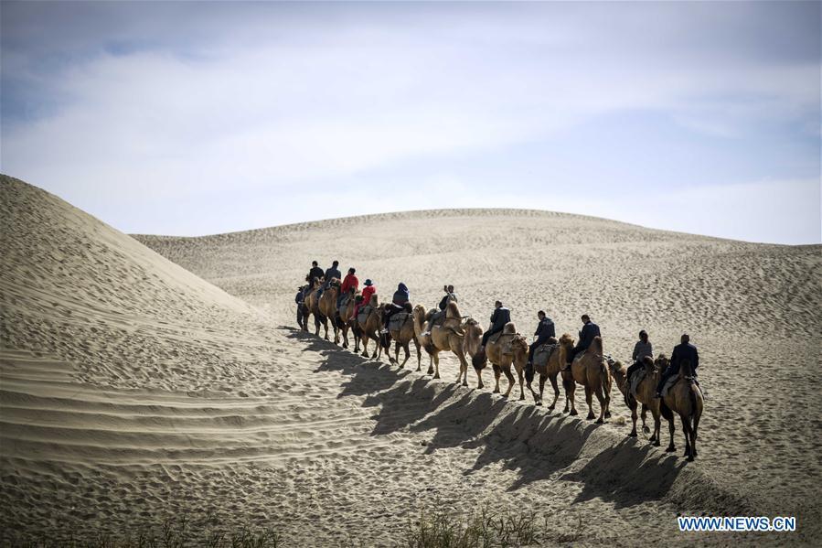 Tourists ride camels in Lop Nur People Village of Yuli County, northwest China\'s Xinjiang Uygur Autonomous Region, Oct. 16, 2018. The Lop Nur people depended basically on fishing for livelihood and developed a distinct culture based on their special lifestyle. Located in Tarim basin, Yuli is known for its natural scenery and ethnic culture and keeps attracting numerous tourists from at home and abroad. From Oct. 1 to 16, 2018, Yuli County has received more than 230,000 visitors, with a year-on-year increase of 31.46 percent. (Xinhua/Zhao Ge)