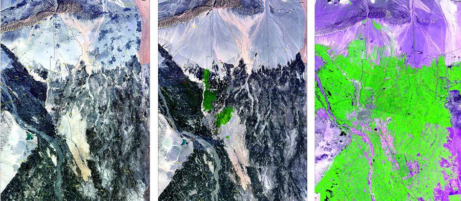 Satellite remote sensing images show Kekeya (from left to right) in 1987, 1995 and 2017. (Photo/Xinjiang Daily)
