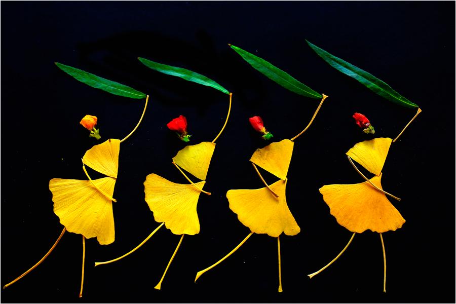 Zhao Shujie of Luohe city in Central China\'s Henan Province likes to pick up fallen leaves and use them to make pictures of vivid dancers. (Photo by Zhao Shujie/chinadaily.com.cn)