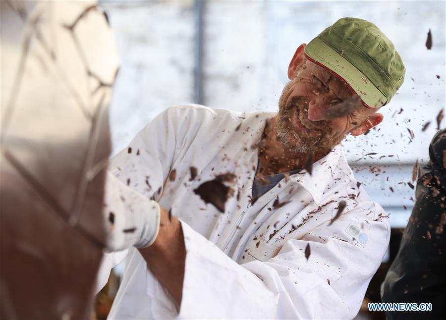 An artist sculpts chocolate during the 25th international chocolate festival \