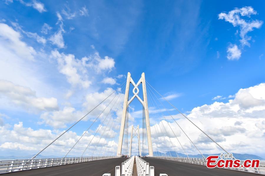 The Qingzhou shipping channel bridge, part of the Hong Kong-Zhuhai-Macao Bridge. The 55-kilometer bridge, situated in the Lingdingyang waters of the Pearl River Estuary, is the world\'s longest sea bridge. (Photo: China News Service/Chen Jimin)