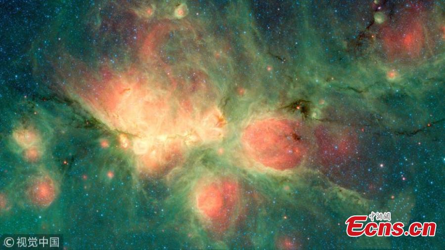 This image from NASA\'s Spitzer Space Telescope shows the Cat\'s Paw Nebula, so named for the large, round features that create the impression of a feline footprint. The nebula is a star-forming region in the Milky Way galaxy, located in the constellation Scorpius. Estimates of its distance from Earth range from about 4,200 to about 5,500 light-years. Framed by green clouds, the bright red bubbles are the dominant feature in the image, which was created using data from two of Spitzer\'s instruments. After gas and dust inside the nebula collapse to form stars, the stars may in turn heat up the pressurized gas surrounding them, causing it to expand into space and create bubbles.(Photo/VCG)