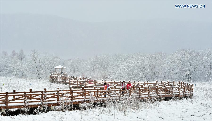 People enjoy the snow scenery at a scenic spot in Oroqen Autonomous Banner of Hulun Buir, north China\'s Inner Mongolia Autonomous Region, Oct. 26, 2018. A snowfall hit Oroqen Autonomous Banner of Hulun Buir on Friday.(Xinhua/Hou Yupeng)