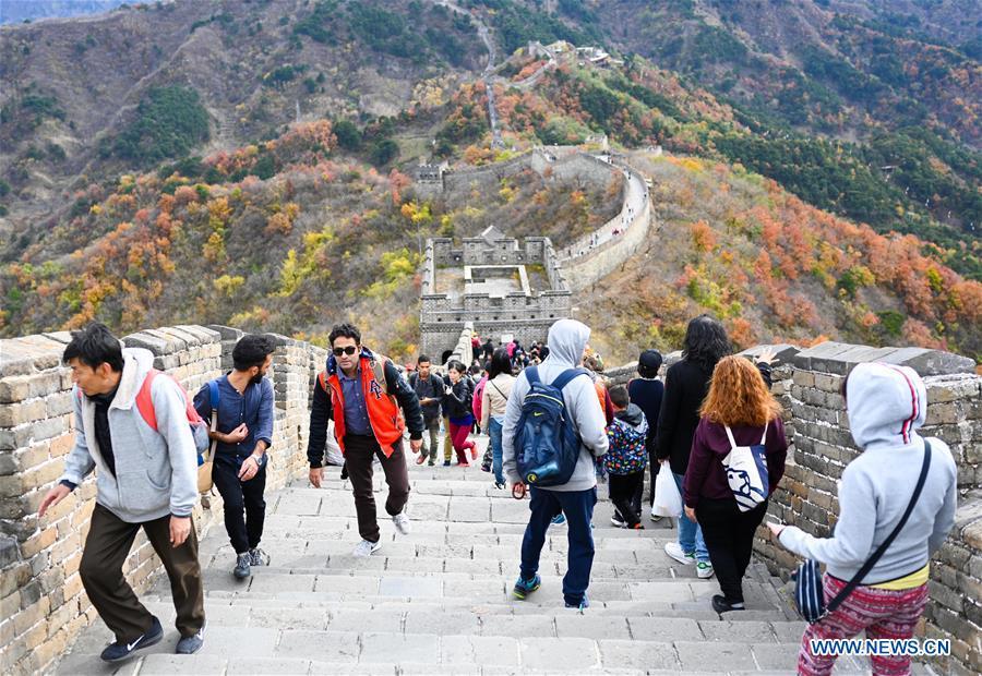 Tourists view the autumn scenery at the Mutianyu Great Wall in Beijing, capital of China, Oct. 28, 2018. (Xinhua/Chen Yehua)