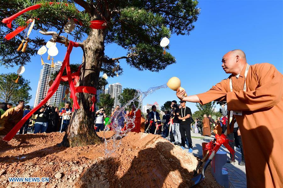 Guests for the fifth World Buddhist Forum attend a tree planting activity in Putian, southeast China\'s Fujian Province, Oct. 28, 2018. A record number of over 1,000 Buddhists, scholars and representatives from 55 countries and regions attended the fifth World Buddhist Forum, which will last until Oct. 30.(Xinhua/Wei Peiquan)
