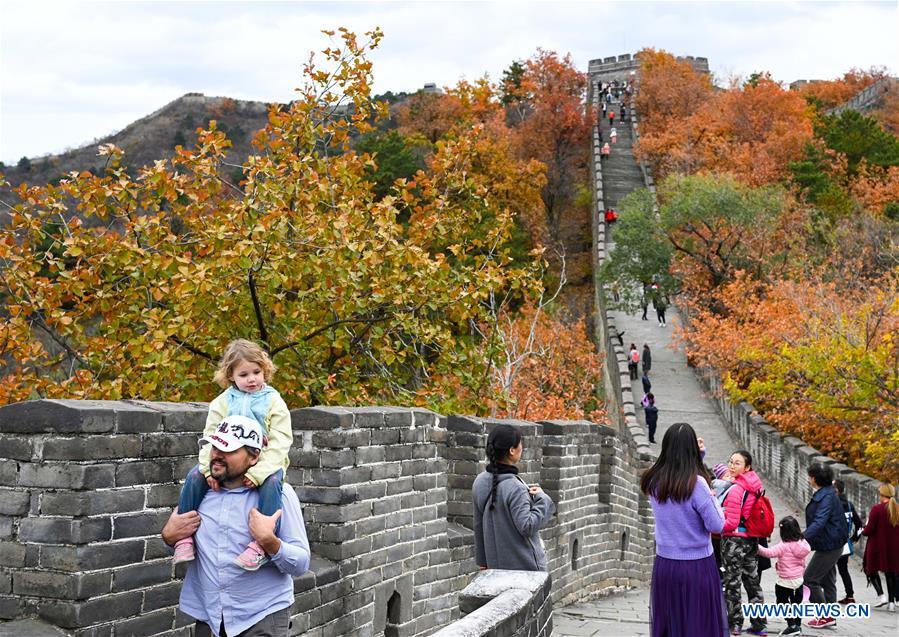 Tourists view the autumn scenery at the Mutianyu Great Wall in Beijing, capital of China, Oct. 28, 2018. (Xinhua/Chen Yehua)