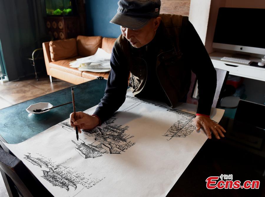 Qin Tingguang, in his seventies, draws with an ink brush in his home in Southwest China’s Chongqing Municipality, Oct. 29, 2018. Based on his memory, Qin has spent five years drawing 44 paintings of the city’s landmarks 20 years ago. (Photo: China News Service/Zhou Yi)