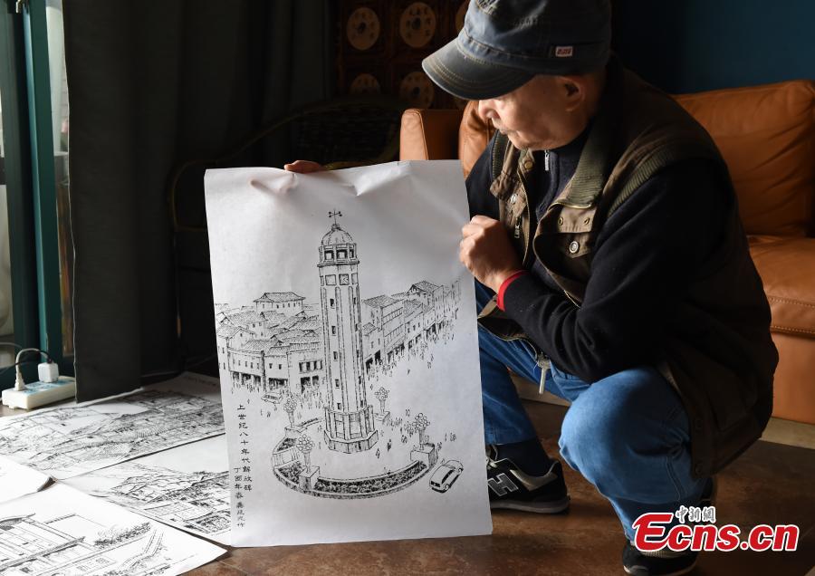 Qin Tingguang, in his seventies, shows his paintings drawn with ink brushes in his home in Southwest China’s Chongqing Municipality, Oct. 29, 2018. Based on his memory, Qin has spent five years drawing 44 paintings of the city’s landmarks 20 years ago. (Photo: China News Service/Zhou Yi)