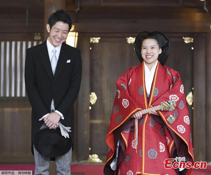 Photo taken on Oct. 29, 2018 shows Japan\'s Princess Ayako married a commoner at Meiji Shrine in Tokyo, Japan. The wedding ceremony included an exchange of rings and a sharing of a cup of sake, according to Japanese media. Ayako, 28, is the daughter of the emperor\'s cousin, and Moriya, 32, works for major shipping company Nippon Yusen. (Photo/Agencies)