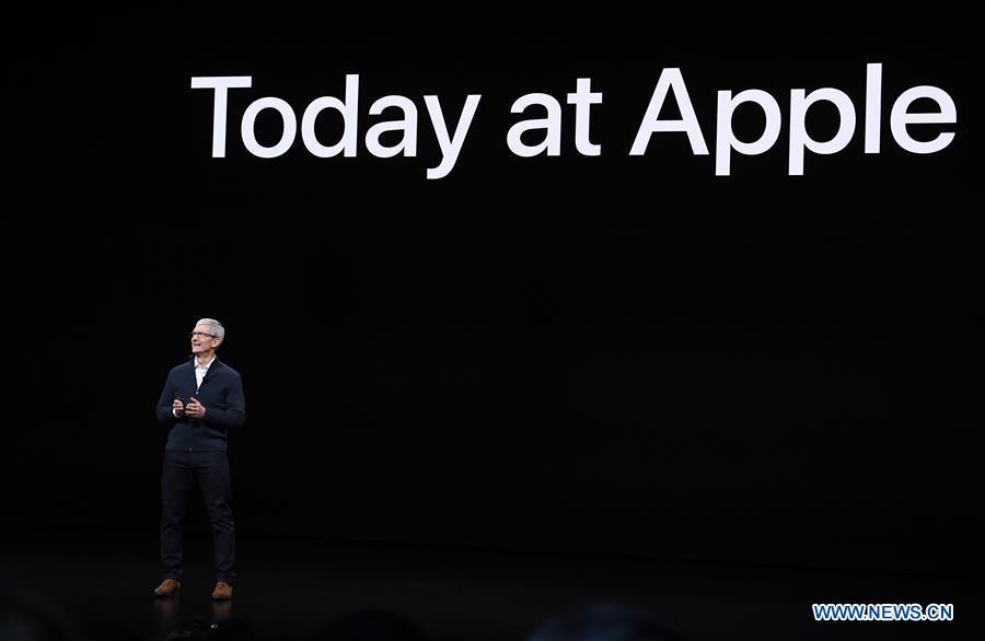 Apple CEO Tim Cook speaks on stage during an event to unveil new Apple products in Brooklyn, New York, the United States, on Oct. 30, 2018. Apple Inc. on Tuesday launched its new iPad Pro, MacBook Air and Mac mini at an event in Brooklyn, New York City, offering long-awaited updates to some of its popular devices. (Xinhua)
