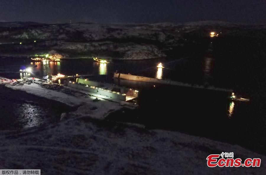 Russia\'s aircraft carrier, the Admiral Kuznetsov, was damaged in Murmansk when the dry dock PD-5 where it was undergoing a refit sank on Oct. 30, 2018, sending a giant crane crashing on to the ship. PD-5 is known as one of the world\'s largest floating dry docks. (Photo/Agencies)